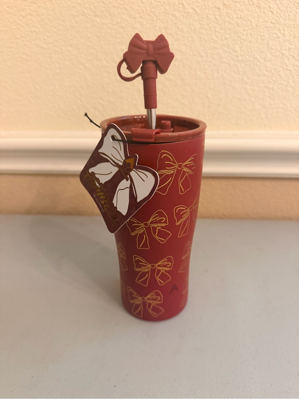 Red Bow-Print Travel Tumbler with Bow-Top Straw